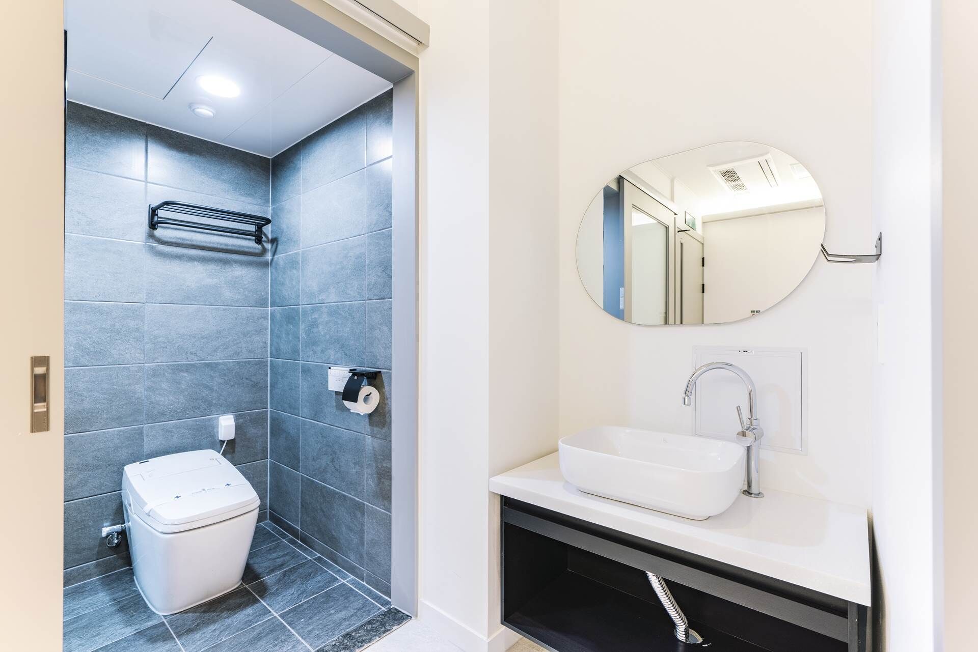 A modern bathroom with a toilet, a sink, and a mirror.
