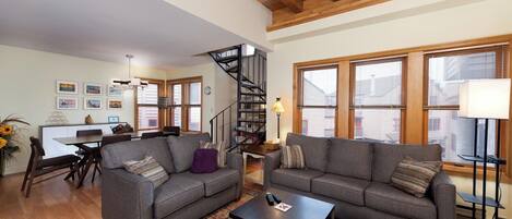 Smart TV, fireplace, video library