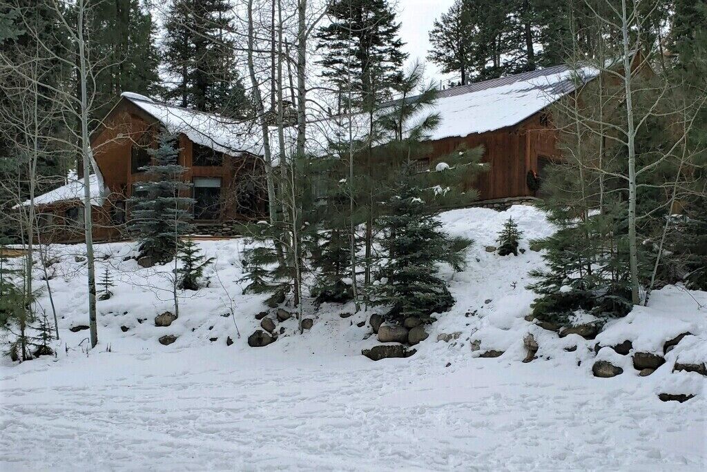A cabin surrounded by snow-covered trees and rocks.