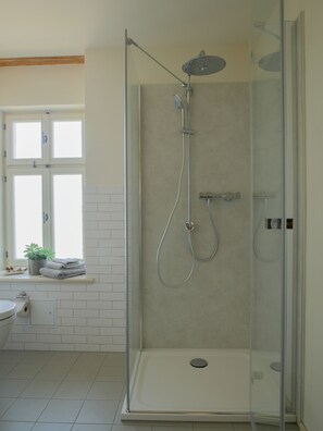 Dusche, Haartrockner, Handtücher, Seife