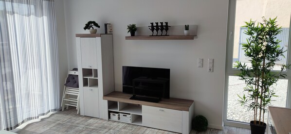 Un saló modern amb televisió sobre un suport de fusta, armaris blancs, una planta en test i una finestra amb vistes.