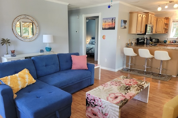 Beautiful living room with a pull out sofa! Brand new furniture & beds.