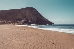 Une plage avec une grande montagne en arrière-plan et des vagues qui déferlent sur le rivage.