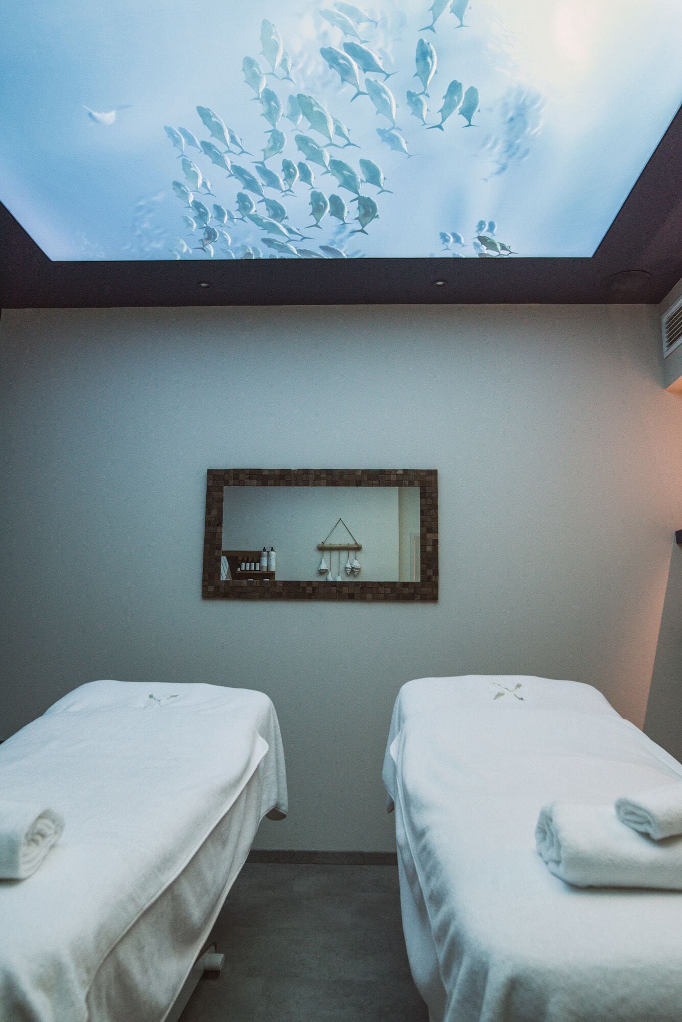 Quarto com duas camas, um claraboia, um espelho e uma pequena estante com produtos de higiene pessoal.