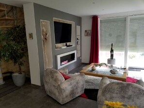 Televisión, chimenea, tenis de mesa y libros 