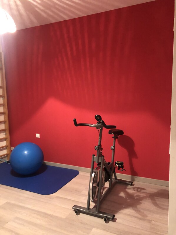 A room with a red wall, a blue exercise ball, and a stationary bike.