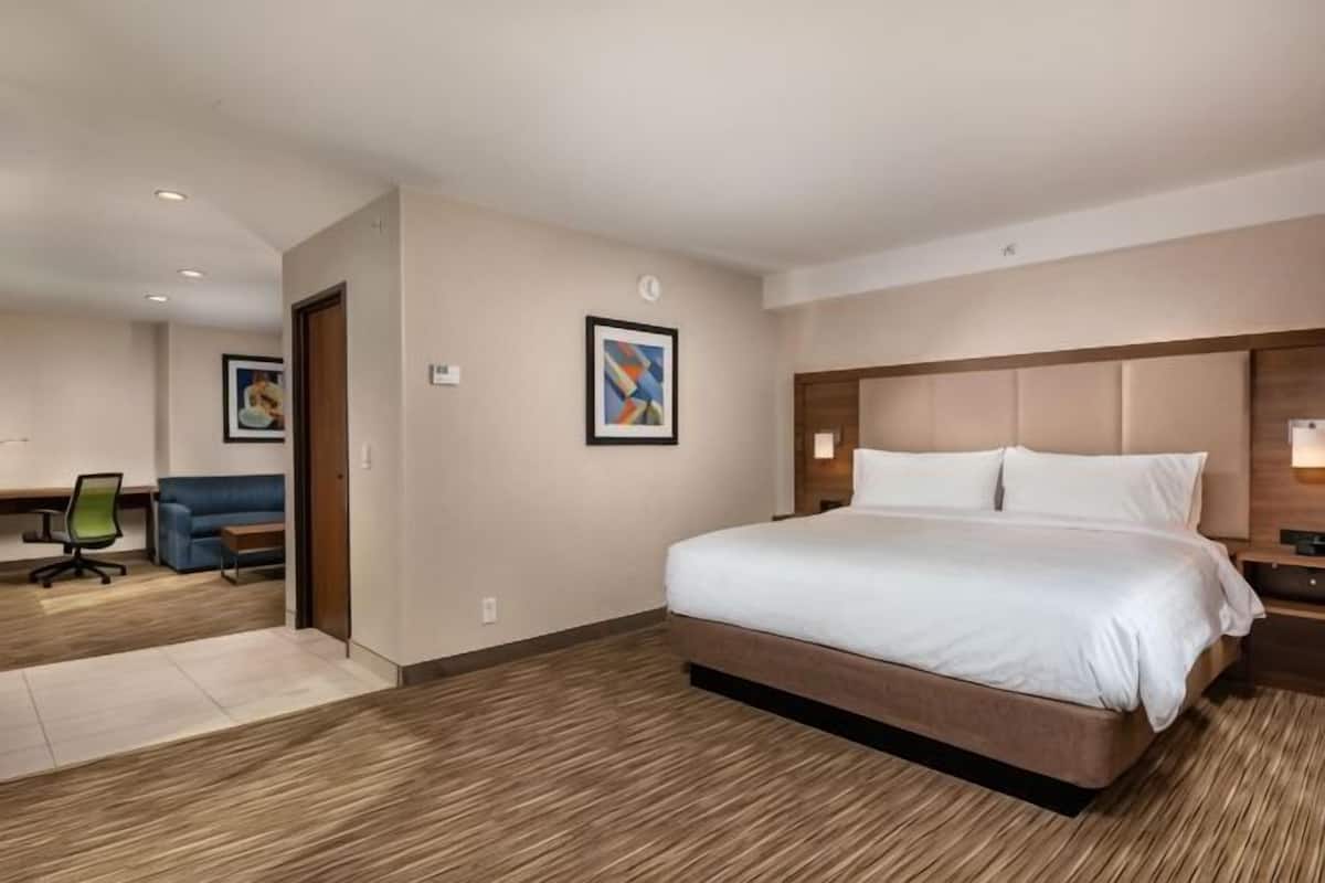 A hotel room with a large bed, a desk, a chair, and a sofa.