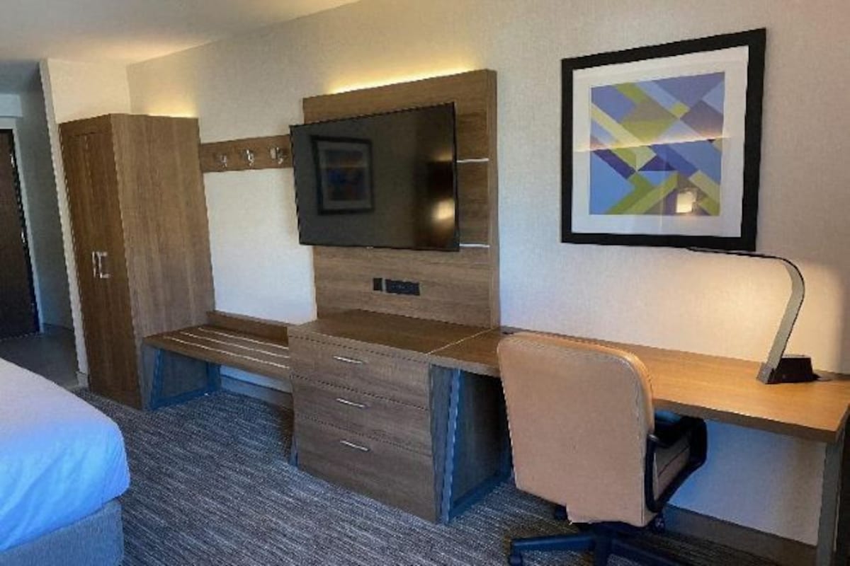 Une chambre d’hôtel avec un lit, un bureau et une chaise, une télévision et un tableau encadré au mur.