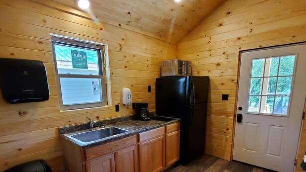 Una cocina compacta con paredes de madera, un lavamanos, armarios, un microondas y un refrigerador.