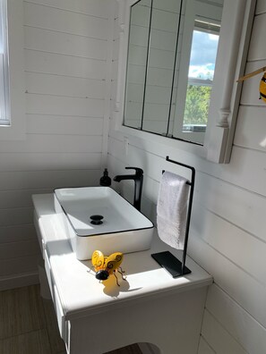 Combined shower/bathtub, hair dryer, towels, soap