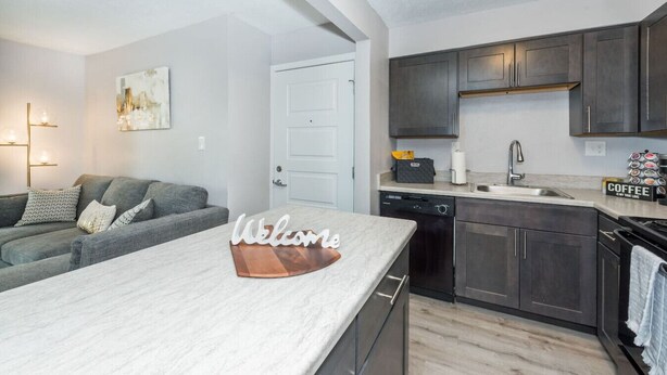 A modern apartment with a kitchen featuring dark cabinets, a dishwasher, and a coffee station. - Shopping Paradise | Free coffee + Parking (Kettering)