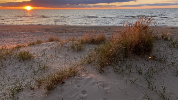 Una playa al atardecer con arena y hierba en primer plano.