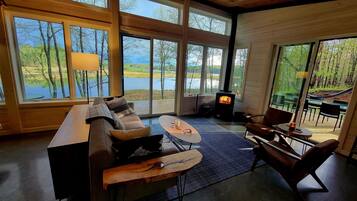 Smart TV, fireplace, books