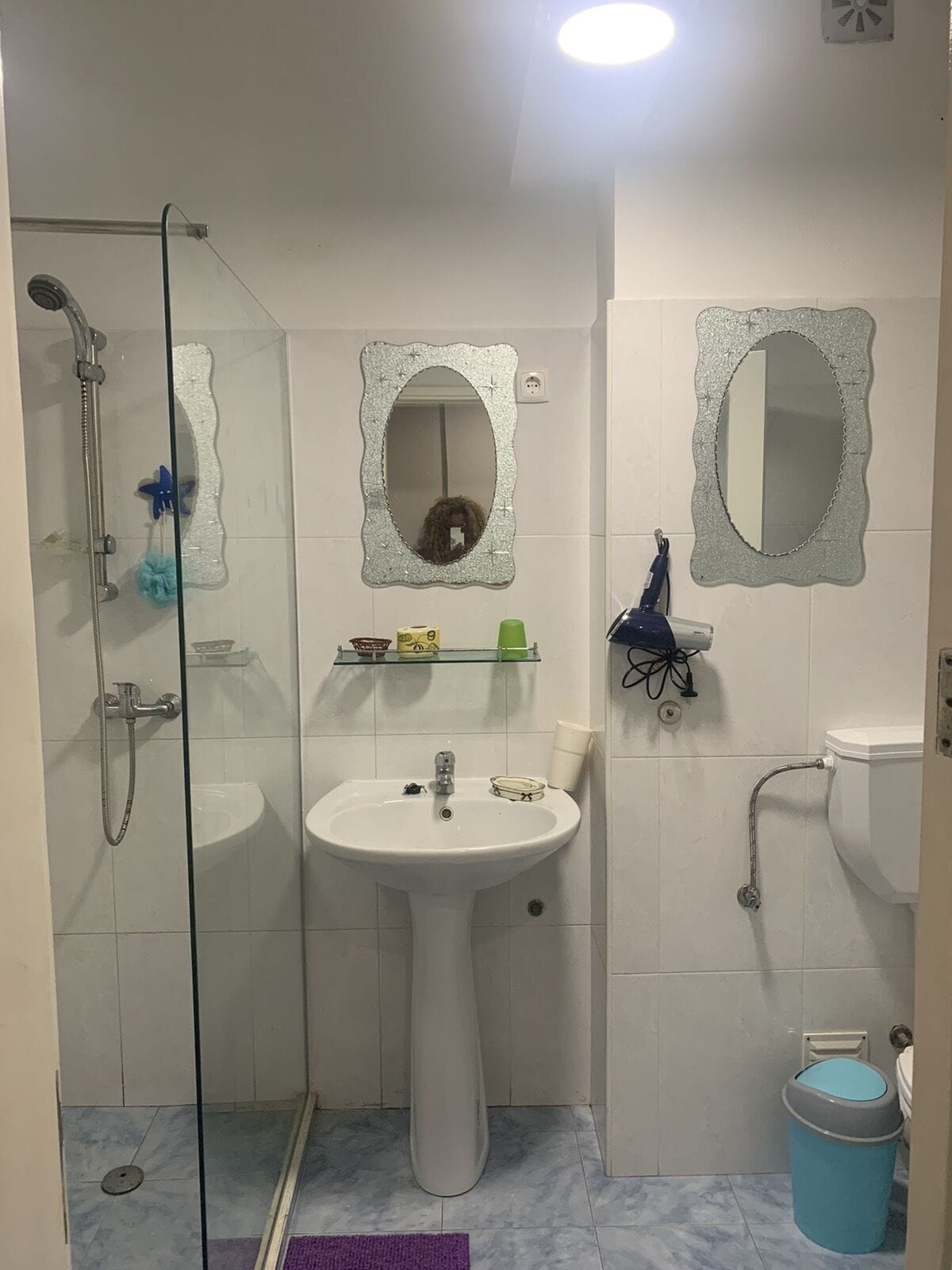 Hair dryer, towels, soap, toilet paper