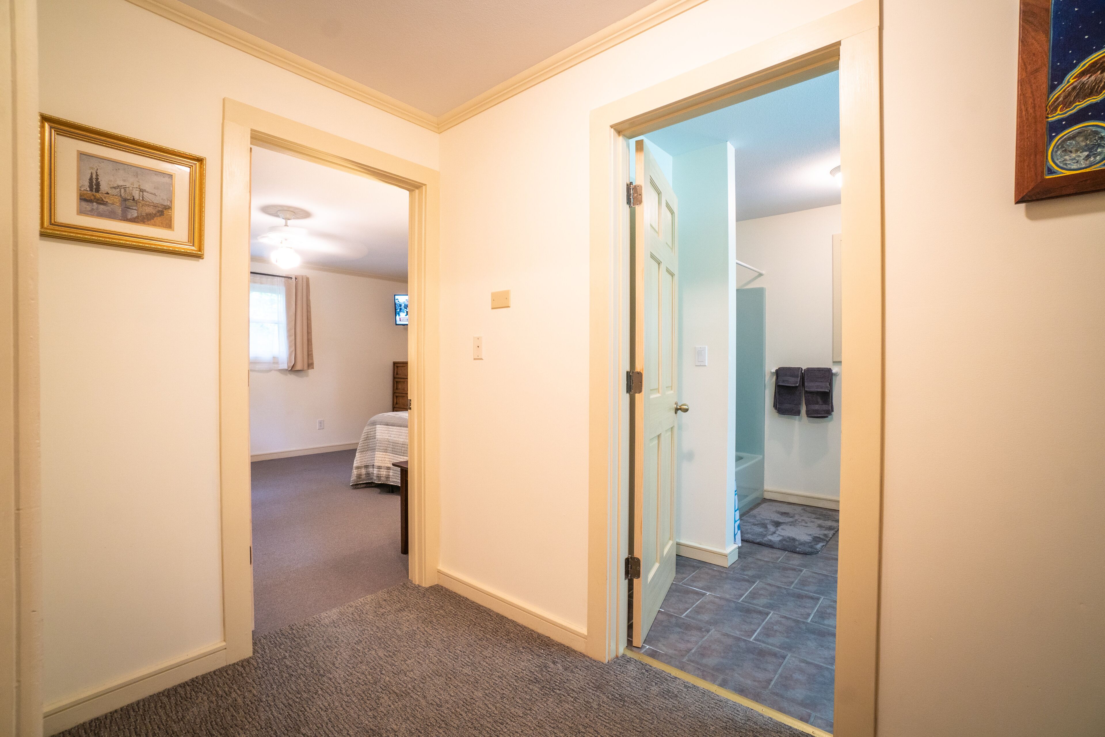 A hallway leading to a bedroom with a bed and a bathroom with a shower and towel rack.