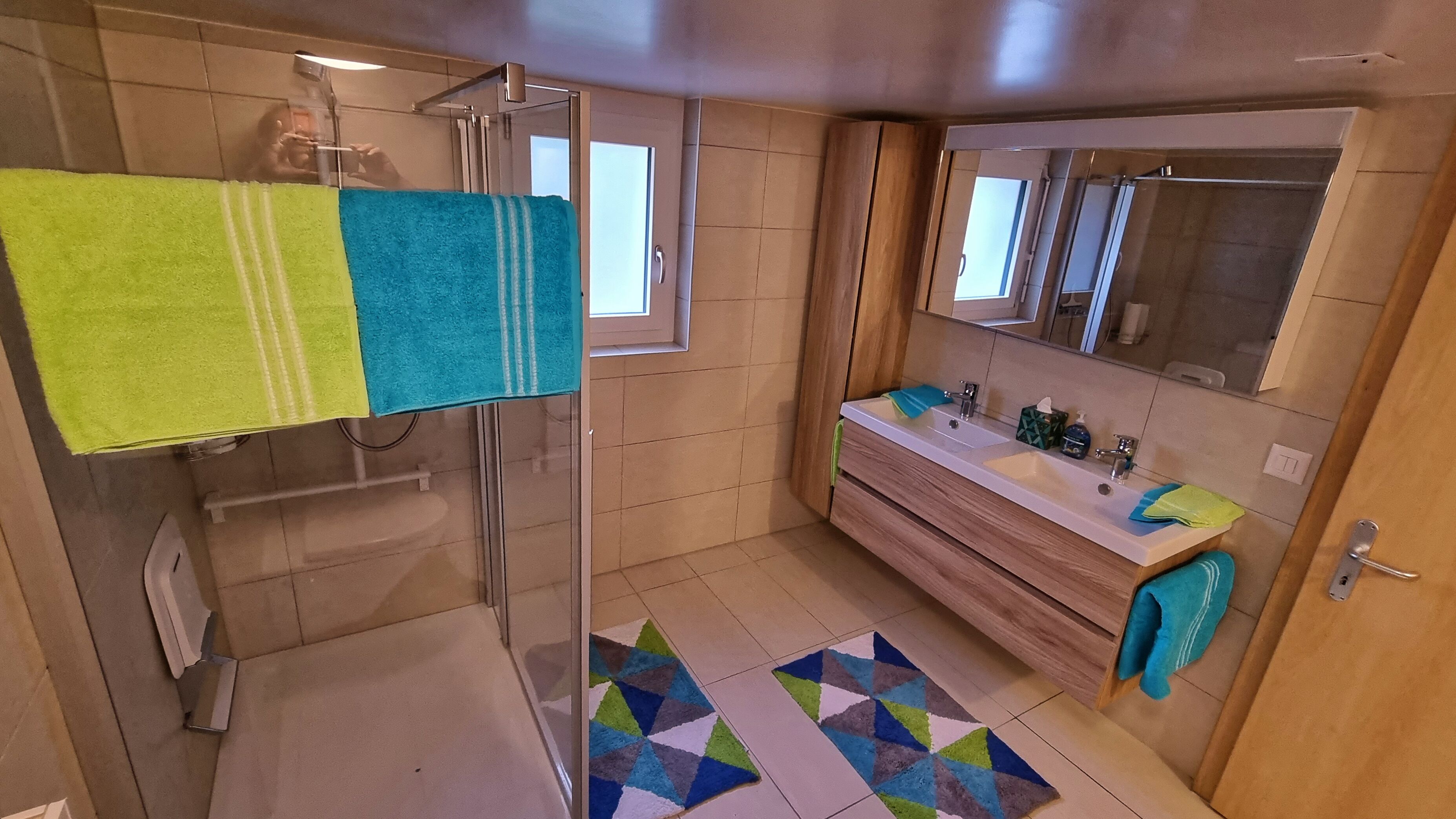 Een badkamer met een douche, een wastafel, een spiegel en een vloerkleed met dessin.