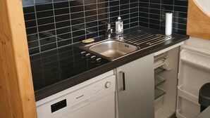 Une cuisine compacte équipée d’un four à micro-ondes, d’un évier et d’un lave-vaisselle.