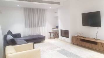 30-inch TV with digital channels, fireplace