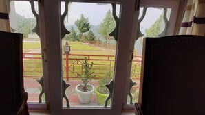 Habitación con vistas a un espacio exterior cercado, una planta en maceta y una silla.