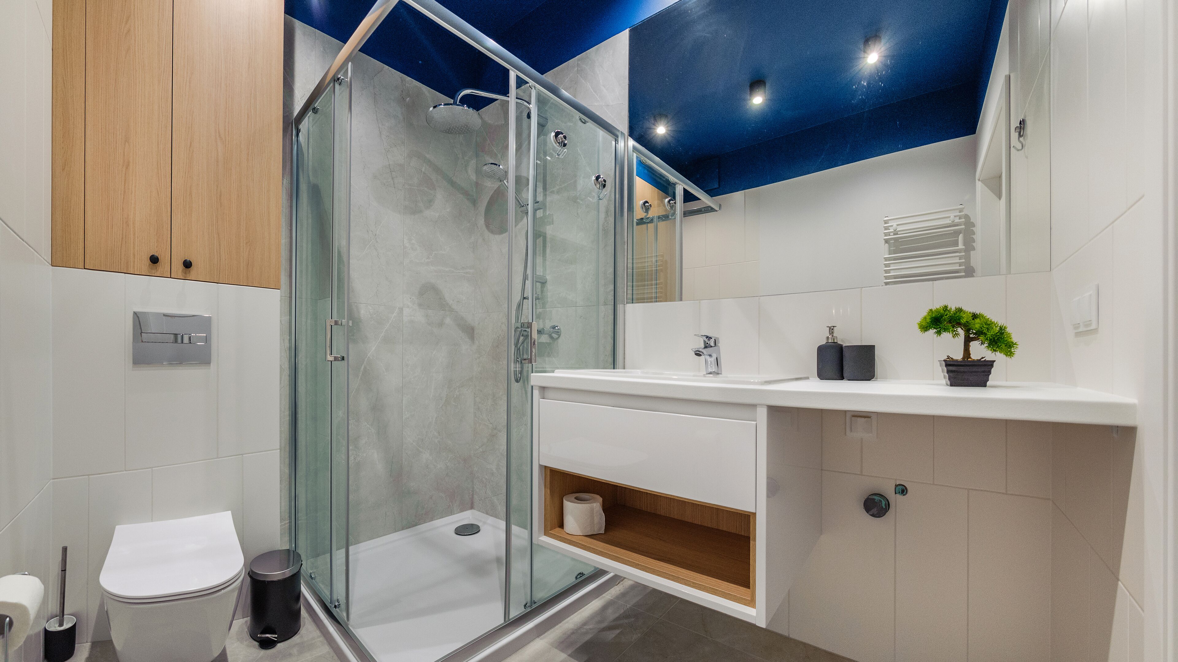 A modern bathroom with a glass-enclosed shower, a white sink, and a wooden cabinet.