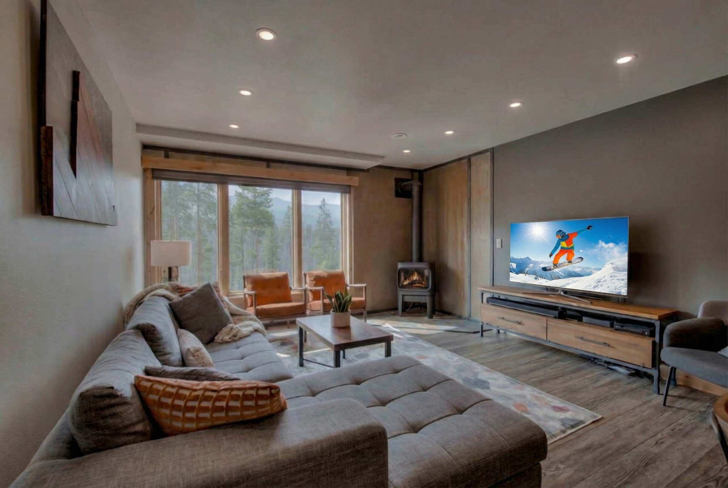 Televisio, takka, videopelejä, työhuone