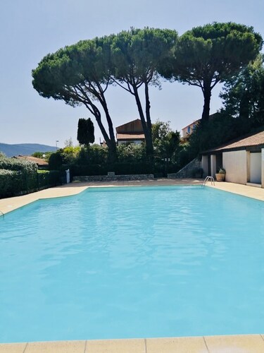 The little blue mazet under the pine trees + terrace