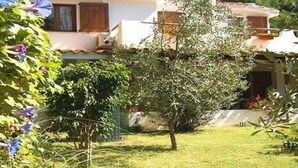 Un barrio residencial con casas, un césped cuidado y diversidad de árboles y arbustos.