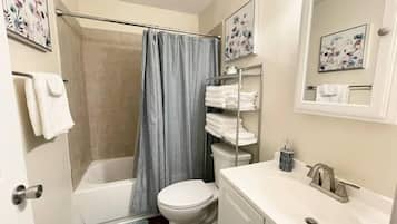 Hair dryer, towels, shampoo