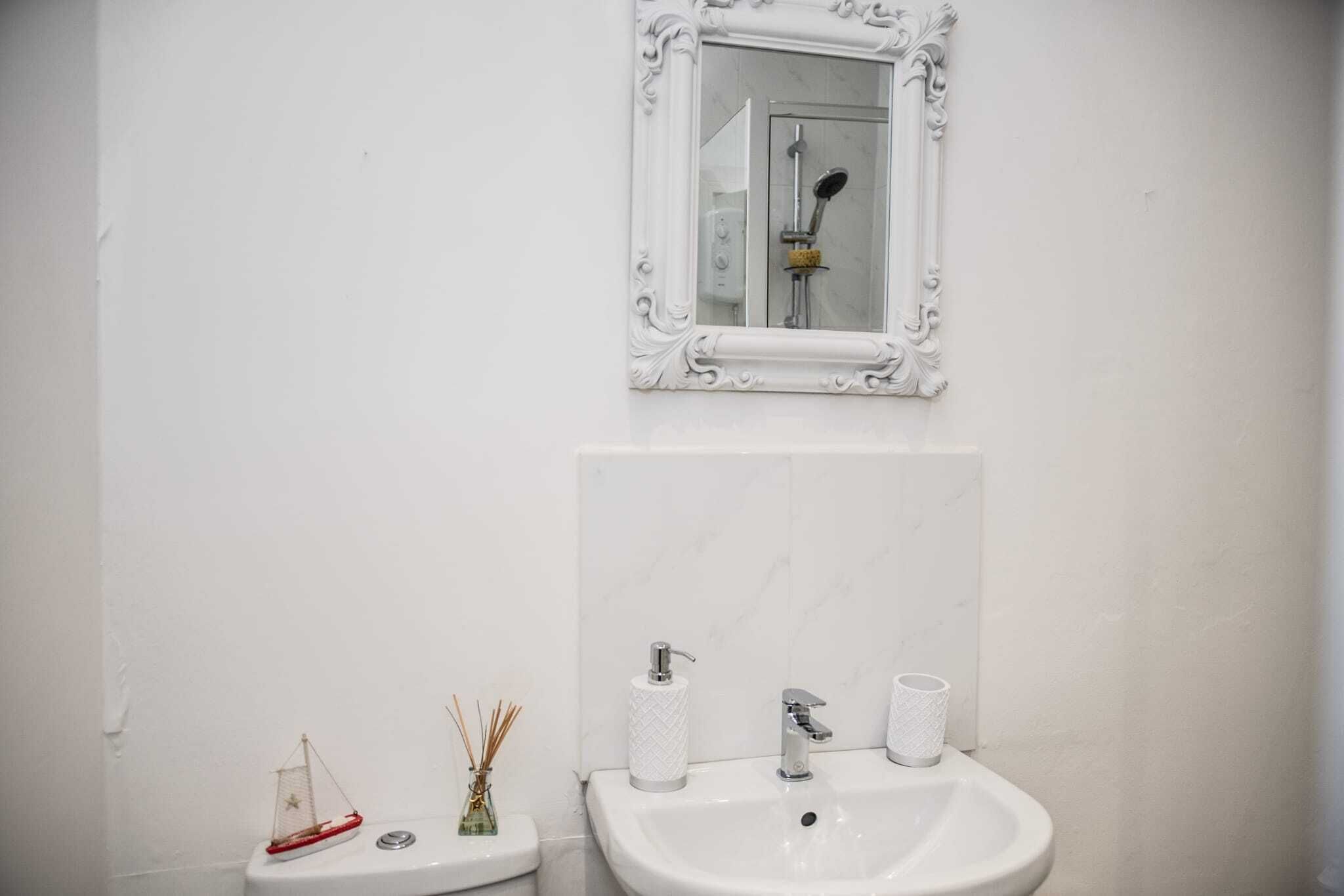 Une salle de bain avec un lavabo blanc, un miroir doté d’un cadre orné et des toilettes agrémentées d’un objet décoratif à proximité.