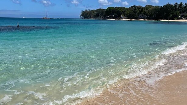 Una spiaggia con acque cristalline turchesi, onde leggere e una vela a distanza.