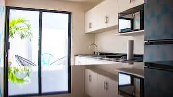 Fridge, microwave, stovetop, coffee/tea maker