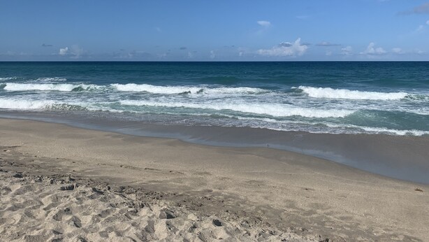A beach with waves, clear sky, and distant horizon.