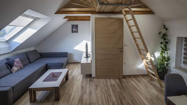 Een loft-achtige kamer met een schuine plafond, een houten trap, een ingebouwd bed op een entresol, een bank, een salontafel en een potplant.