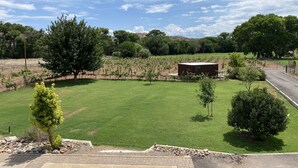 A landscaped area with a paved walkway, a small building, and a vineyard in the background. - Cabernet Cottage (Cottonwood)