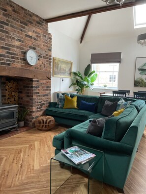 Smart TV, fireplace, books