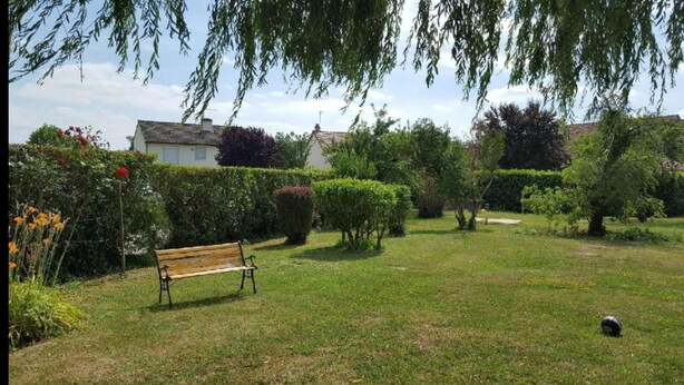A grassy outdoor area with a wooden bench, surrounded by well-maintained hedges and trees. - Charming little house "LA BIKOK (BILLY)