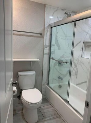 Combined shower/tub, hair dryer, soap, toilet paper