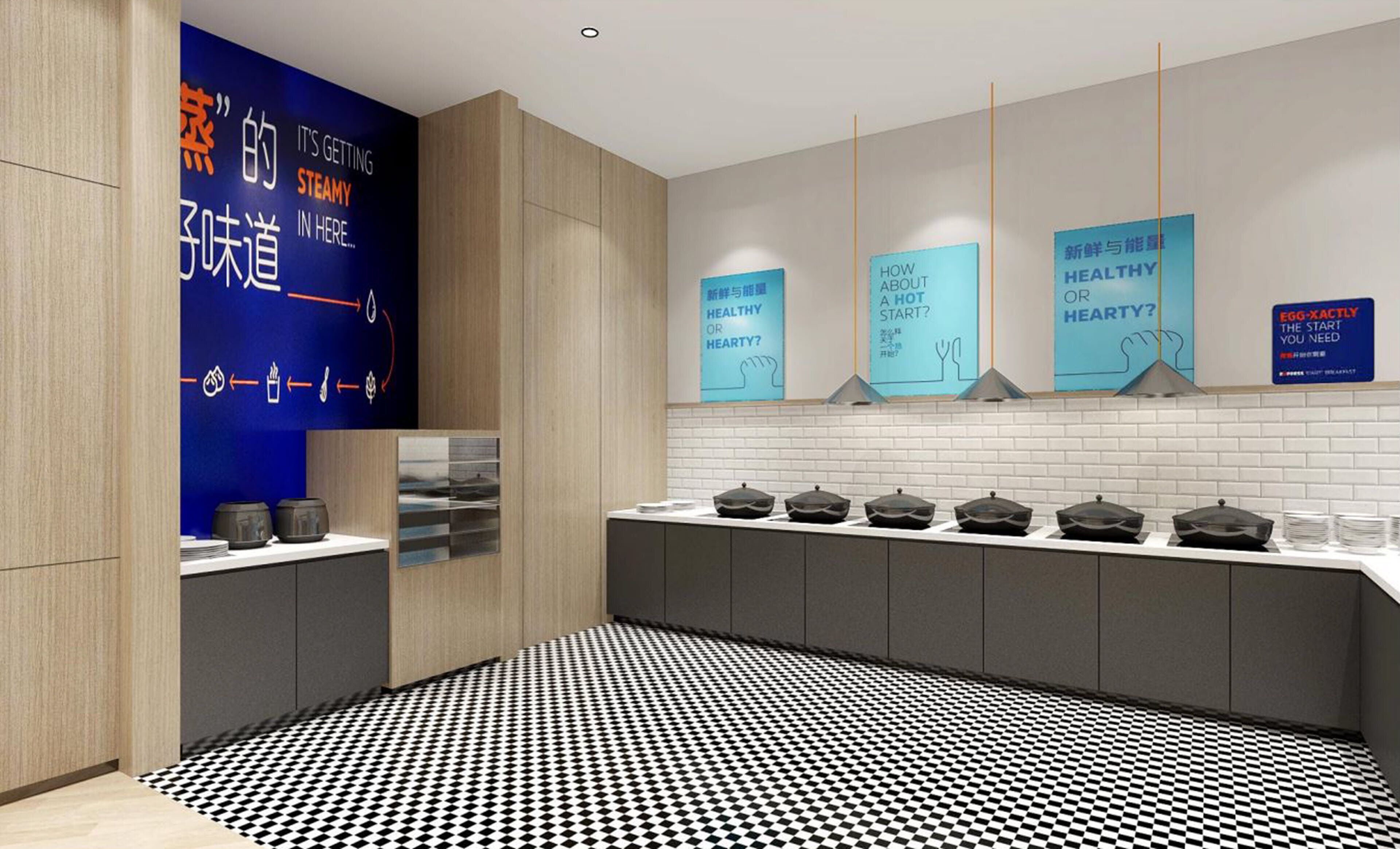 Una cocina moderna con piso a cuadros, una encimera con recipientes y carteles informativos en la pared.