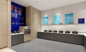 Una cocina moderna con piso a cuadros, una encimera con recipientes y carteles informativos en la pared.