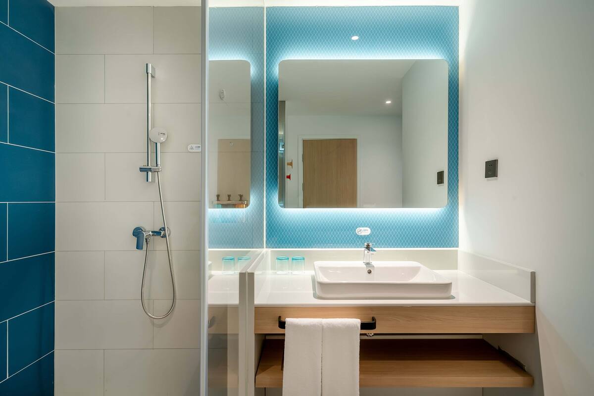 A modern bathroom with a shower, sink, and mirror.