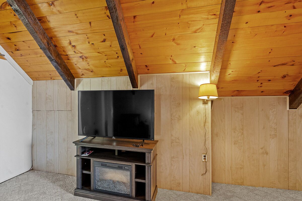 Ett rum med ett träpanelat tak, en platt-TV som står på ett träställ och en vägglampa.