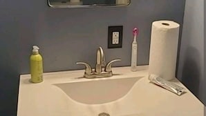 A bathroom with a sink, mirror, and a toilet paper holder.