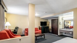 Une chambre d’hôtel comprenant un lit, un bureau, une télévision, un canapé, un miroir et une salle de bain avec un lavabo et un miroir.