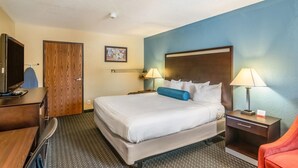 Una habitación de hotel con una cama grande, un escritorio con una computadora, un televisor y una puerta de madera.
