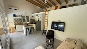 A compact living space with a kitchenette, a dining area, and a seating area with a sofa and a chair. - House on the river, private pool, garden and barbecue . 2hours to Dubrovnik! (Malo Polje)