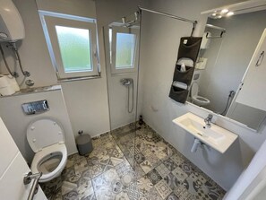 Shower, jetted bath, hair dryer, towels