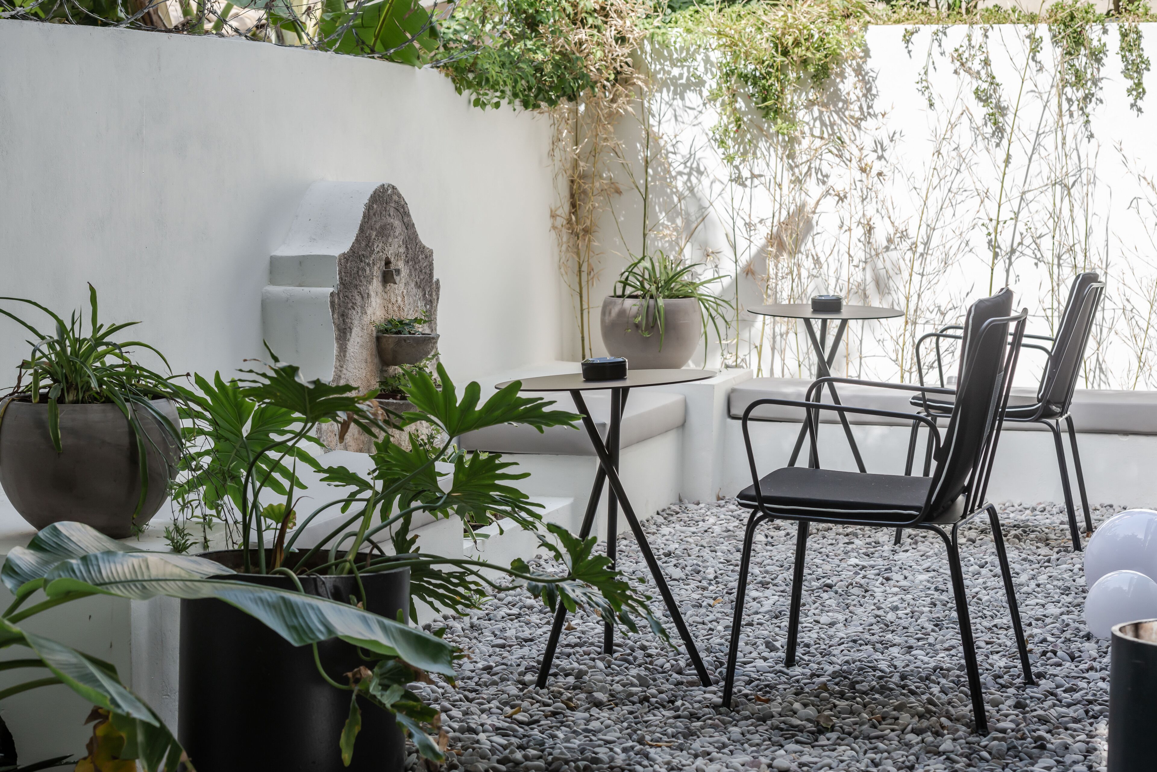 A patio area with a table and chairs, surrounded by potted plants and a white wall.