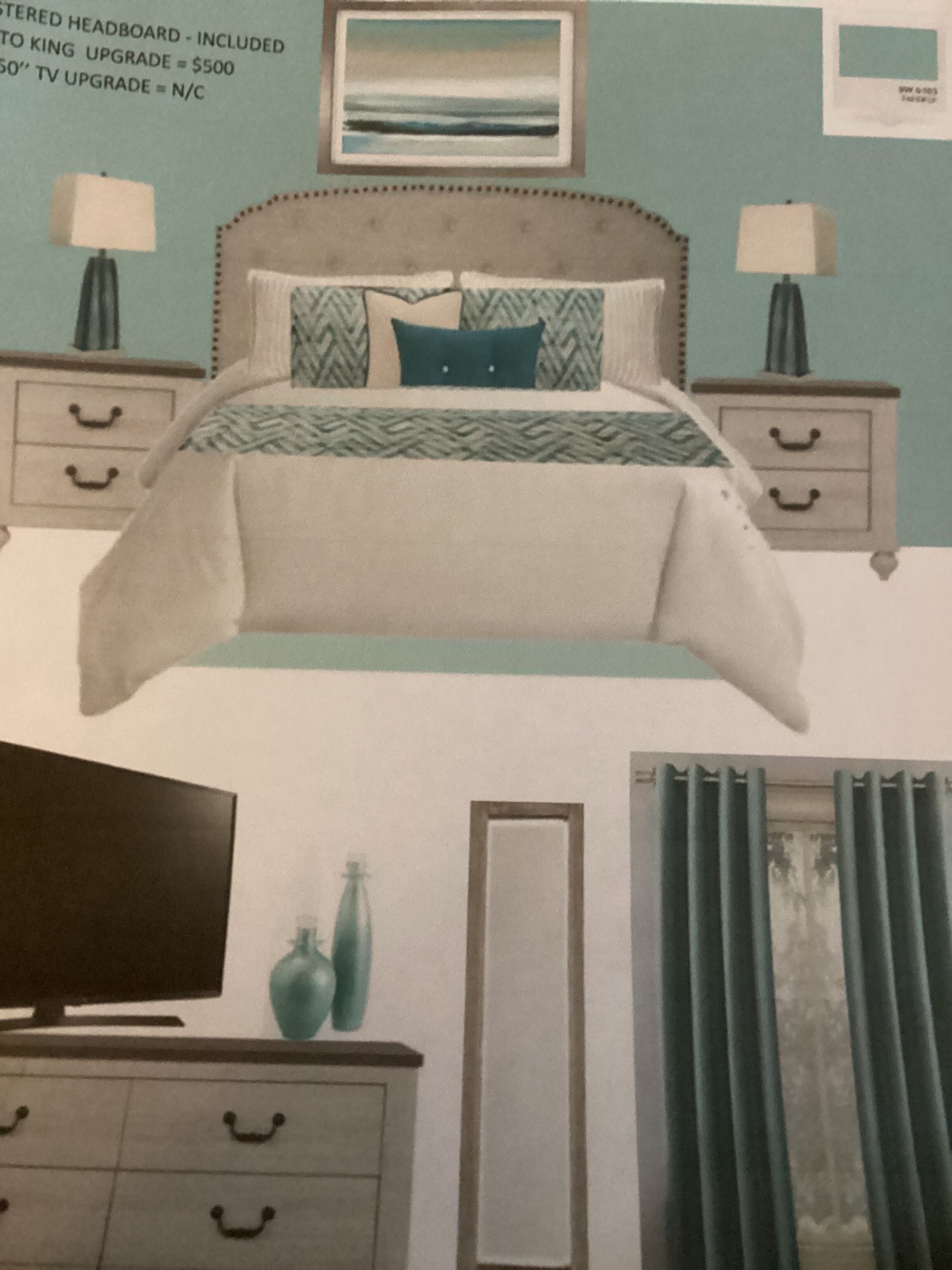 A bedroom with a bed, nightstands, a dresser, a TV, and a mirror.