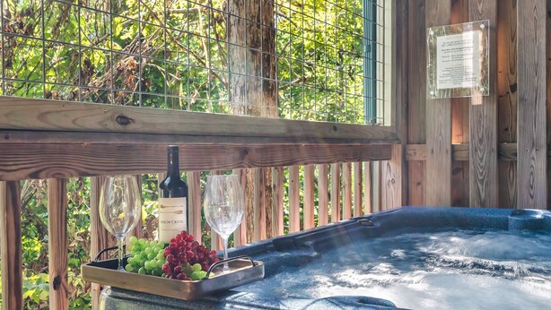 Un bain à remous avec un plateau de raisins et une bouteille de vin, entouré d’une terrasse en bois et de verdure.