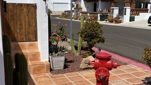 A red fire hydrant on a tiled patio with cacti and a small bird statue. - Casa Tortugas - a Cozy, Relaxing House in a Gated Oceanfront Resort (Ensenada)